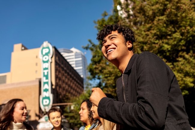 student with backpack