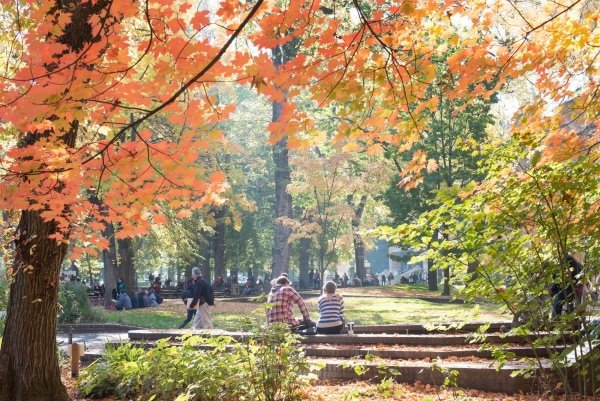 PSUF student in yard at fall