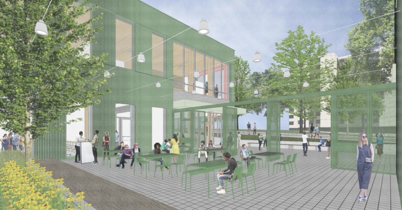 students working in the courtyard outside the new Art+Art History+Design building.